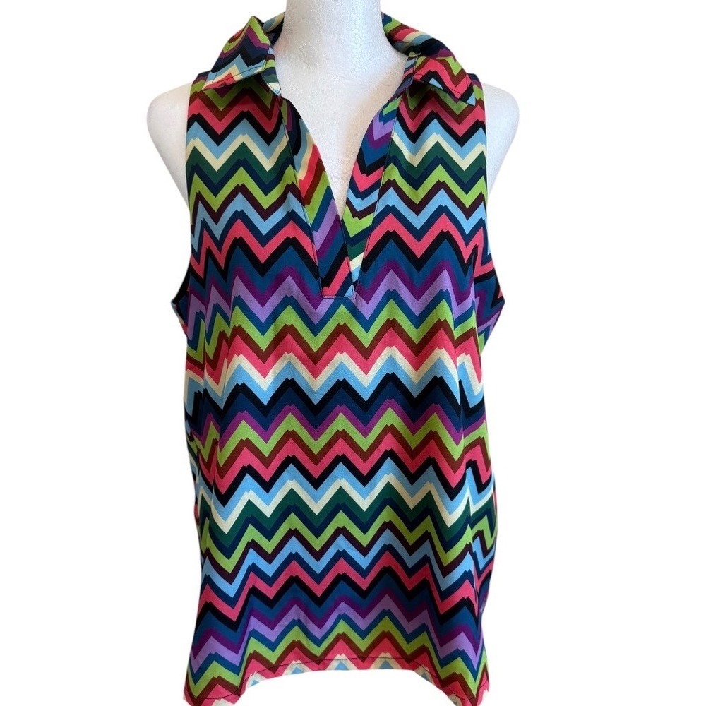 SSYS The Label Womens Small Sleeveless Chevron Zigzag V-Neck Lined Blouse Top